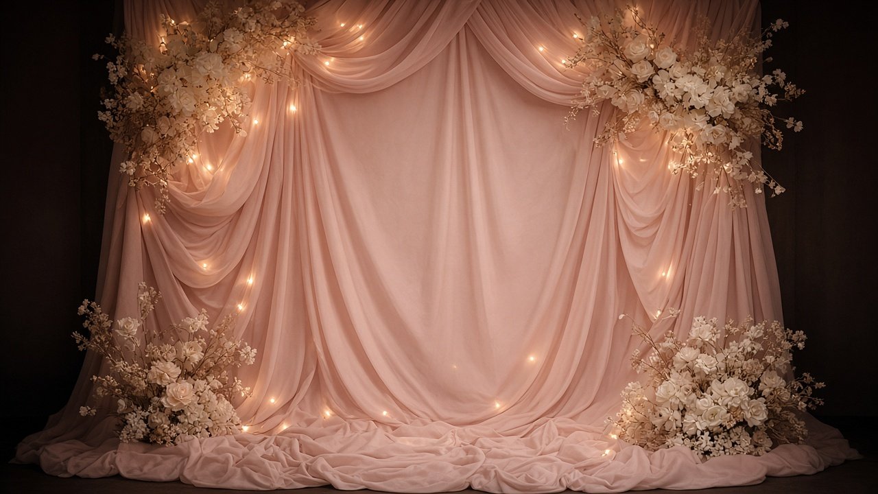 Full-height chiffon backdrop with floral scale — DEMO mood comp