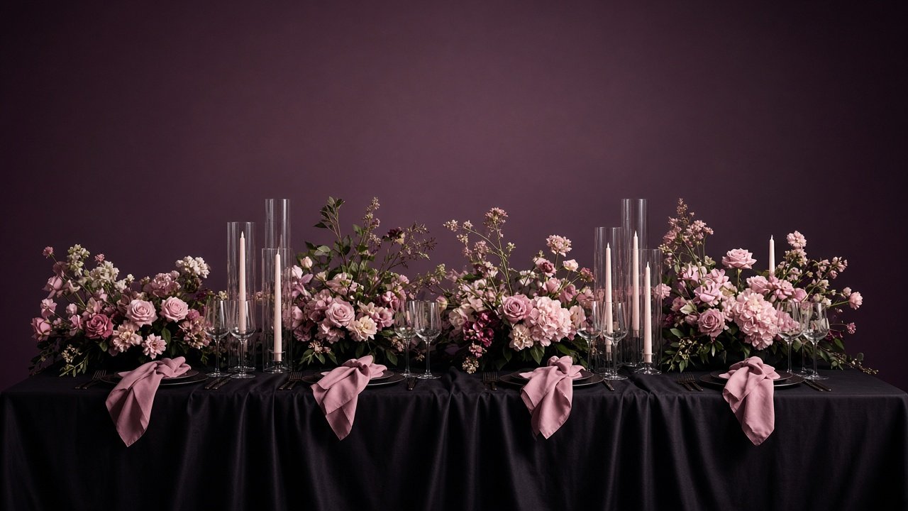 Table centerpiece with backdrop edge — event styling vignette