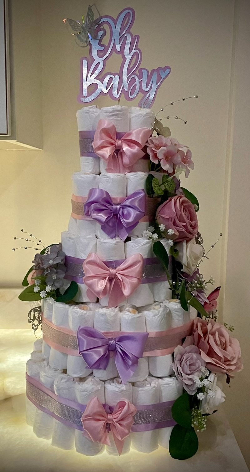 Purple floral diaper cake