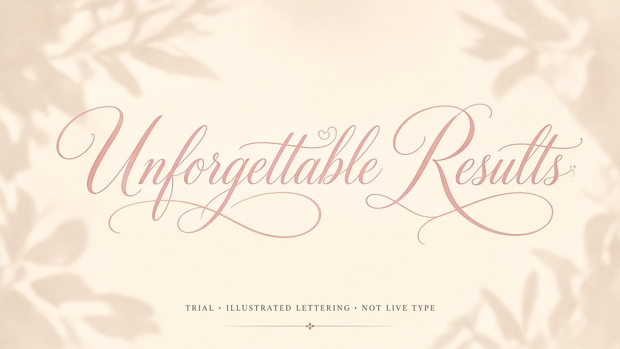 Trial illustrated lettering: Unforgettable Results in blush script on ivory